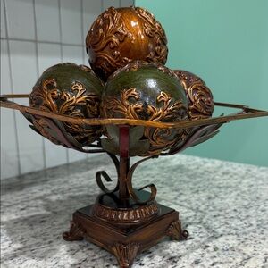 Ornate Bronze and Red Decorative Bowl with Spheres